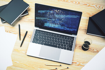 Poster - Modern computer monitor with creative code skull hologram. Malware and cyber crime concept. 3D Rendering