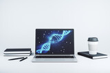 Fototapeta Nowy Jork - Creative light DNA illustration on modern computer monitor, science and biology concept. 3D Rendering
