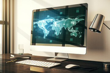 Poster - Computer monitor with abstract graphic digital world map with connections, globalization concept. 3D Rendering