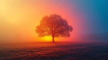 A Lone Tree Stands In The Middle Of A Field As The Sun Goes Down On A Foggy, Hazy Day.