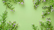 Fresh rosemary sprigs with delicate lilac flowers creating a natural frame on a vibrant green background