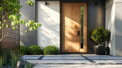 Modern exterior of house with door and plants in front yard