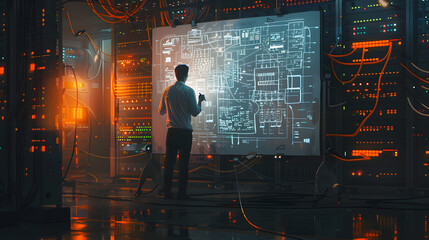 A software engineer jotting down ideas on a whiteboard in front of a server room with illuminated cables