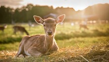 Deer In The Grass A Calf Lying On The Straw Farm With The Gentle Rays Of The Sun Streaming In