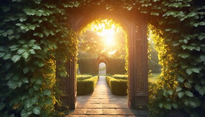 Wall Mural - 3d rendering of a fantasy doorway portal framed by green vines leading into a idyllic garden generative ai