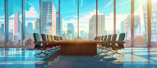 Sticker - A spacious conference room with a large table and chairs overlooking the city skyline. Enjoy breathtaking views of azure skyscrapers and bustling city life while discussing business strategies