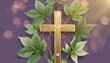 lent a season of renewal text and gold cross crucifix sign with spiny vine and plam leaves around on purple background vector design