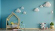 Position the camera to focus on the adorable little clouds adorning the wall and the collection of soft toys. 