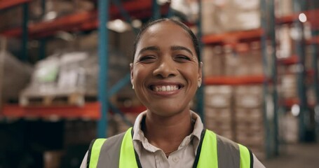 Poster - Logistics, warehouse and portrait of woman with confidence for inventory management, inspection and distribution. Smile, face and girl in factory for quality control, trust and pride in export safety