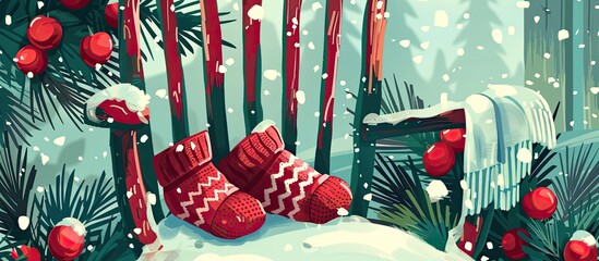 Canvas Print - A pair of Christmas socks rest on a snowy forest landscape, creating a festive holiday scene with a touch of whimsy and winter charm