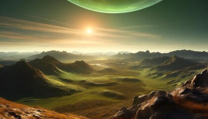 Wall Mural - fantasy green alien planet 3d illustration generative ai