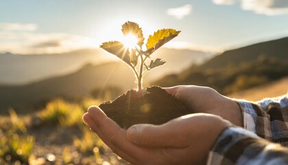 human hands holding a small young plant in a soil blurs green sunlight background