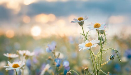 Poster - beautiful field meadow flowers chamomile blue wild peas in morning against blue sky with clouds nature landscape close up macro wide format copy space delightful pastoral airy artistic image