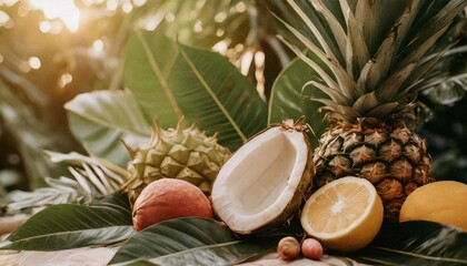 Poster - vibrant and exotic tropical fruits and leaves banner stunning array of tropical fruits and foliage perfect for adding a touch of paradise to your visual presentations ai generated