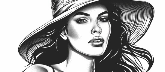 Wall Mural - A monochromatic illustration of a woman with a defined nose, head adorned with a hat, expressive eyebrow and eye, subtle lip and mouth shape, delicate eyelashes, jawline, and a graceful gesture