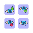 Eye treatment line icon set. Laser vision correction, eye drops, pills. Ophthalmology and healthcare concept. Vector illustrations for web design and apps