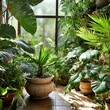 an indoor jungle scene filled with lush greenery, featuring a variety of potted plants such as ferns, palms, and succulents arranged harmoniously within a sunlit room. Capture the vibrant colors and i
