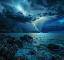 Wall Mural - Stunning view of the sea with rocks and lightning on dark blue sky