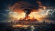 Nuclear explosion with mushroom cloud over urban landscape