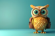 Cute Cartoon D Rendered Owl With Backpack On Vibrant Blue Background