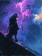 A Warewolf standing on a roof holding a longbow silhouetted by purple lightning oil on canvas