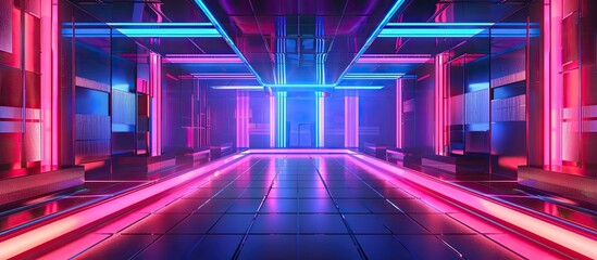 Poster - Experience the mesmerizing blend of magenta, violet, and electric blue neon lights in a futuristic room designed with symmetry and visual effect lighting, creating a vibrant entertainment space