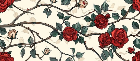 Wall Mural - A creative arts textile design featuring a seamless pattern of red roses and green leaves on a white background, showcasing the beauty of flowers and plants