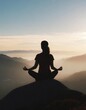 © Marko - A silhouette of a woman meditating on a mountaintop during sunset. The serene landscape reveals a gradient sky and layers of distant mountains