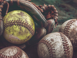 Wall Mural - Weathered softball and gloves on the field, a nostalgic sports background