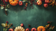 An Elegant And Serene Autumn-themed Arrangement With Assorted Pumpkins, Apples, And Autumn Foliage On A Green Surface