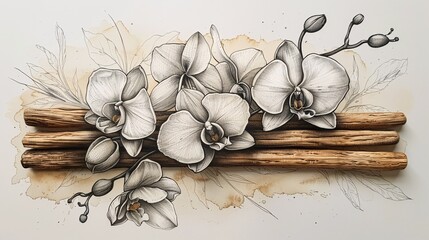 Wall Mural - An arrangement of vanilla pods and orchid flowers, hand-drawn in line art with black ink on a white background.