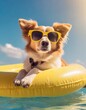 Adorable dog lounging on a yellow float in the pool, wearing stylish sunglasses under the sunny sky