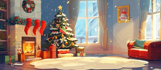 Wall Mural - A houses living room is beautifully decorated for Christmas with a festive Christmas tree next to the fireplace, creating a cozy and warm ambiance for the holiday event