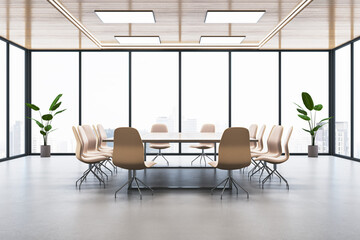 Poster - Modern light meeting room interior with furniture and panoramic window with city view. 3D Rendering.