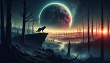 Wolf Standing At The Cliff, Deserted World, Moon Landscape 