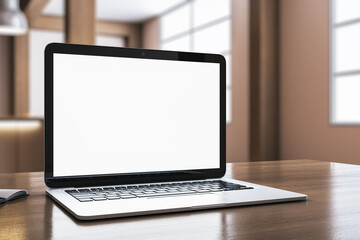 Poster - Close up of creative designer desktop with empty white laptop and blurry office in the background. Mock up, 3D Rendering.
