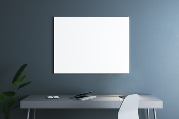 Poster - Bright blue home office interior with workplace and empty white mock up banner on wall. 3D Rendering.