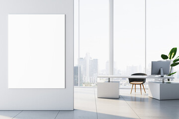 Aufkleber - Modern white concrete office interior with empty mock up banner on wall, panoramic windows and city view. Workplace concept. 3D Rendering.