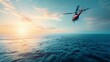 Search and rescue operation in sea. Emergency rescue helicopter flies over sea 