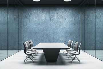 Poster - Modern glass concrete meeting room interior with empty mock up place on wall and furniture. 3D Rendering.