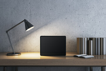 Poster - Modern concrete workplace with lamp, books and mock up tablet. Workspace close up. 3D Rendering.