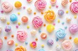 sweet confectionery on white background, colorful candy and cake