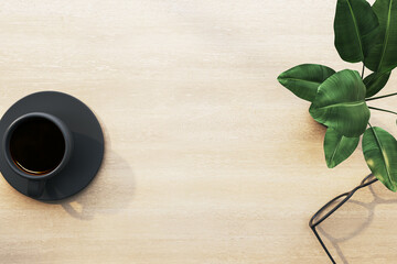 Aufkleber - Top view white office desk with coffee cup, decorative plant, glasses and empty mock up place. Morning, workplace and close up concept. 3D Rendering.