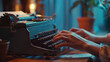 Close up of a vintage typewriter in action. Showcasing the hands of an author typing a nostalgic and creative document using retro analog technology