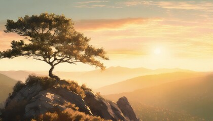 Wall Mural - view of a tree on the top of a mountain and an amazing dawn illustration created with ai technology