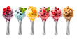 Ice cream scoop ball on transparent background, top view. Many assorted different flavour Mockup template for artwork design