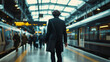 Back view of a businessman with a suitcase navigating a bustling train station