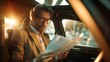 Focused businessman sits in a taxi reviewing documents during a commute
