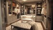 a women's walk-in closet featuring a custom-designed sitting area with plush seating and a mirrored dressing table, combining comfort and style.