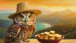 a painting of an owl with a hat on its head and a bowl of gold coins in front of it
